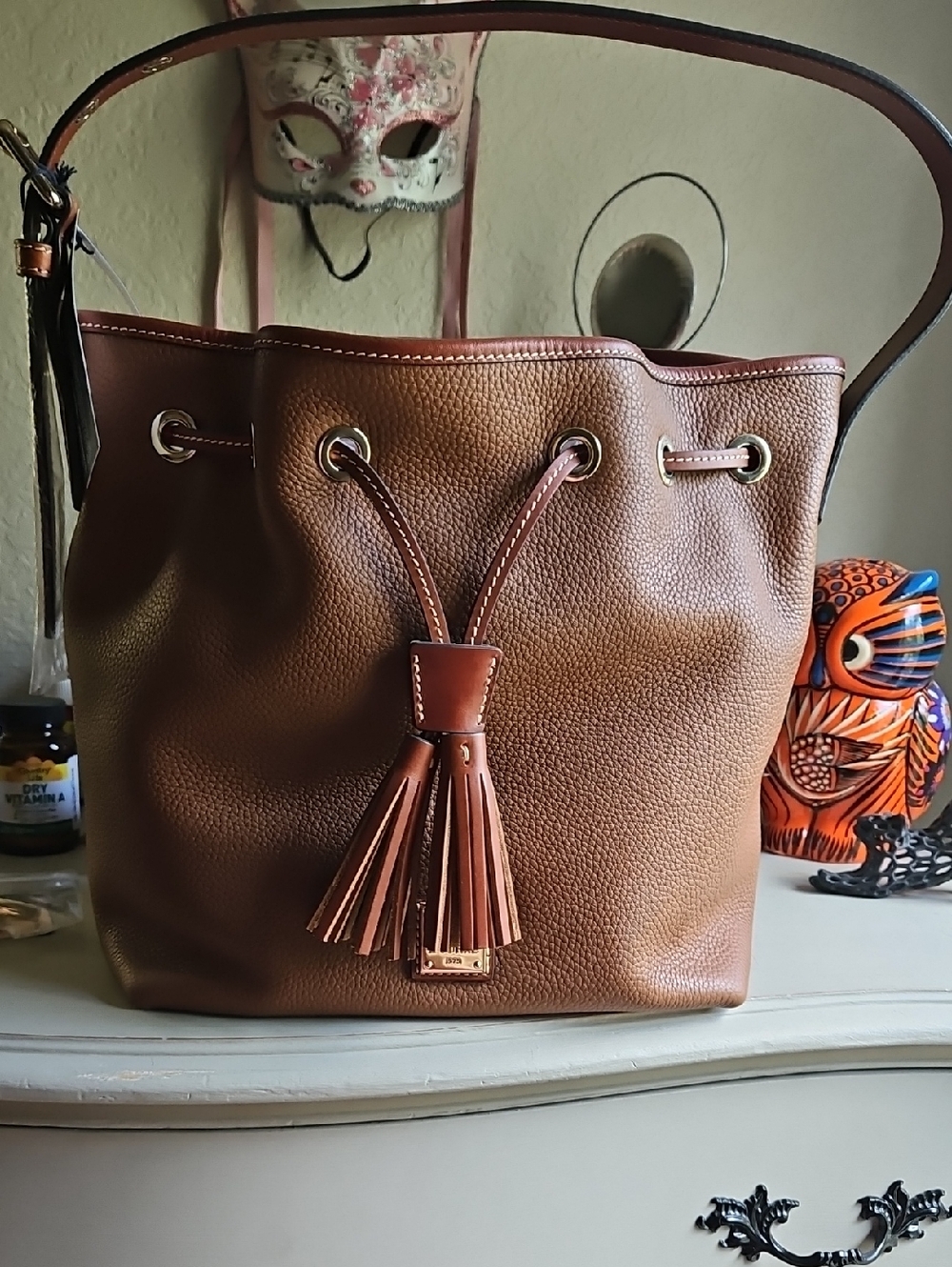 Dooney & Bourke Brown Pebbled Leather Tassel Drawstring Shoulder Bag